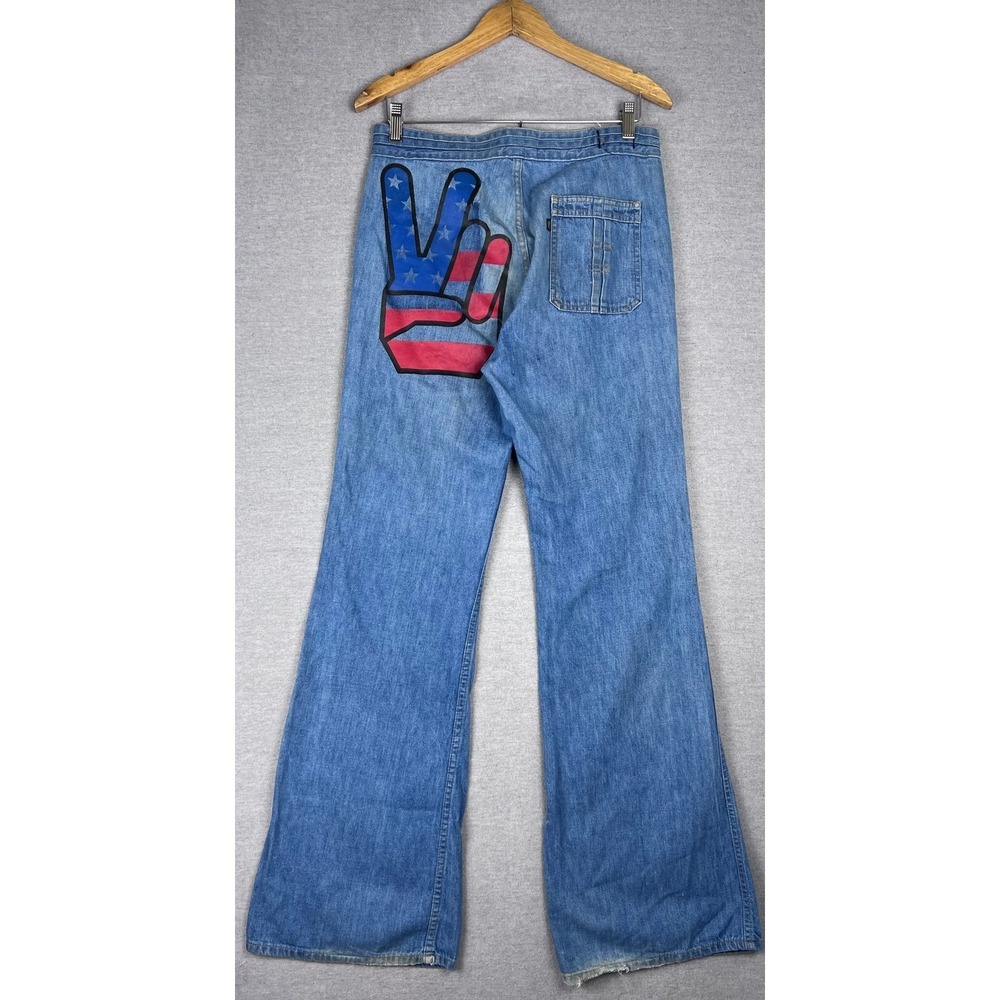 Vintage Levis Fresh Produce Wide Leg Flare Jeans Peace Sign Graphic Blue 30x33‎